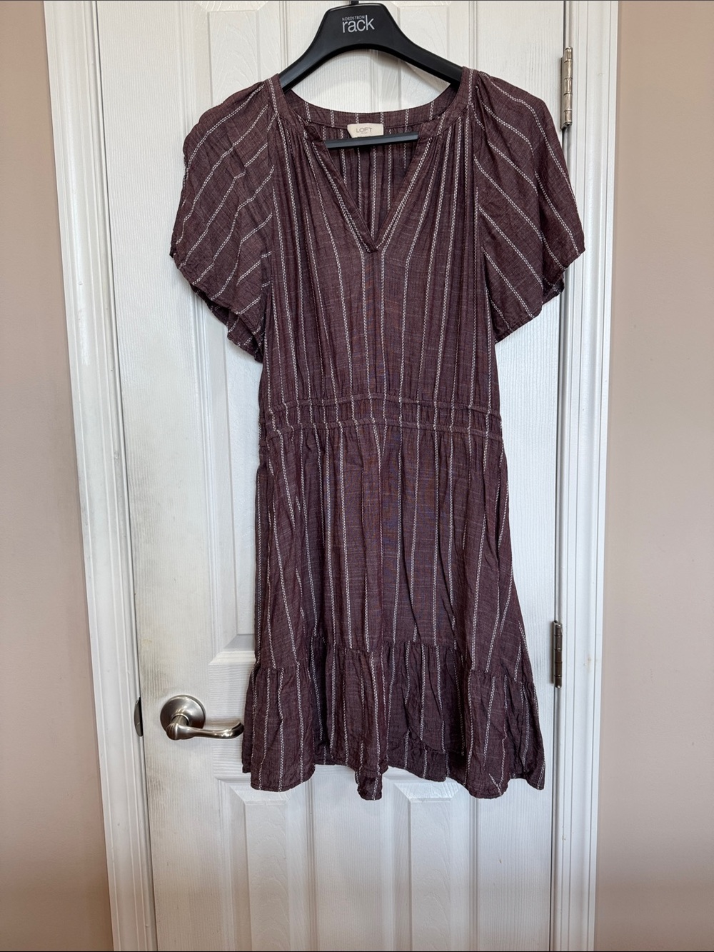 LOFT Plum-Striped Short Sleeve Mini Dress